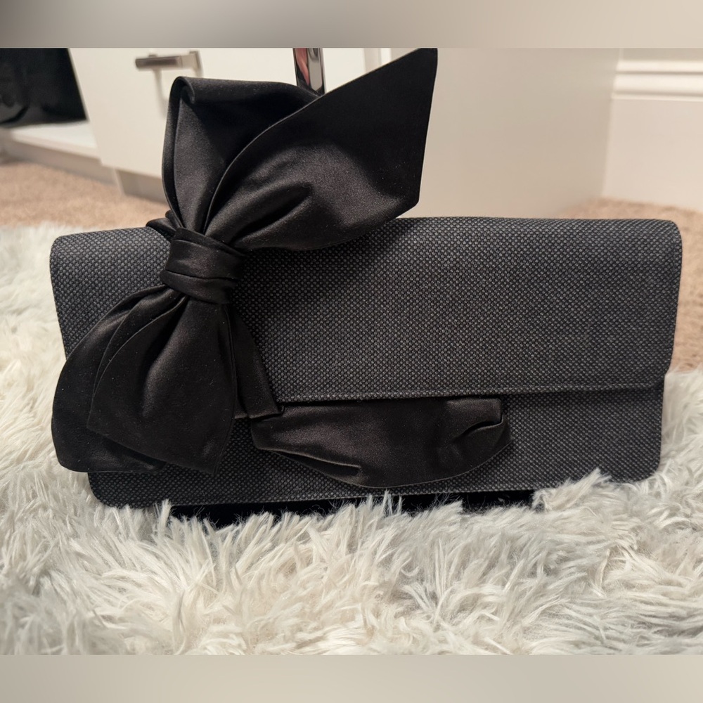 New without tags! Christian Louboutin, gray clutch with large satin black bow